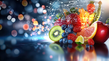 Aufkleber - Fresh fruits like strawberries, blueberries, and apples are artistically arranged with vibrant background, symbolizing health and nutrition benefits