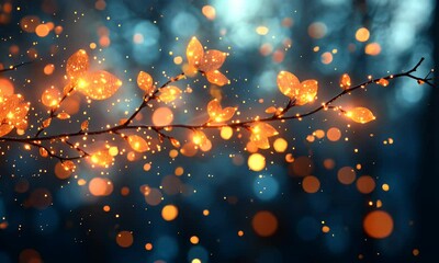 Wall Mural - A glowing branch with sparkling leaves against a blurred background, evoking a magical atmosphere.