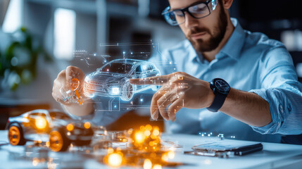 Poster - designer analyzing automotive dynamics and smart technology, using digital tools to visualize car models and engineering concepts. workspace is filled with miniature cars and technical drawings