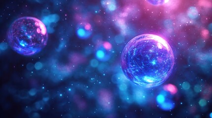 Poster - Glowing orbs float in nebula; cosmic background; digital art