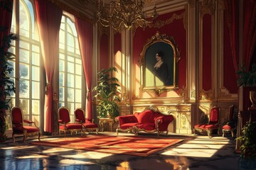 Elegant interior design of a luxurious room with ornate decor and natural light streaming through large windows