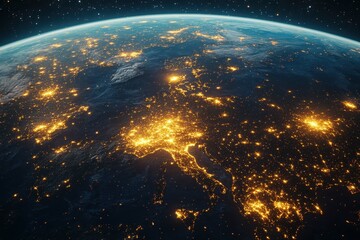 Poster - Vibrant city lights illuminate Europe at night from a stunning aerial perspective of Earth