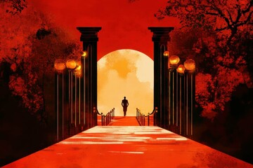 Wall Mural - Mysterious figure walking towards a large glowing orb at sunset in a surreal, vibrant landscape with tall pillars and lanterns