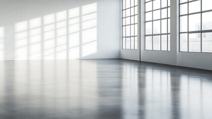 Wall Mural - Sunlight illuminating empty industrial loft with concrete floor and large window, creating an industrial and modern atmosphere