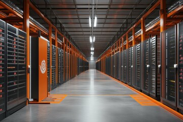 Poster - Spacious modern data center with rows of server racks and bright artificial lighting during evening hours