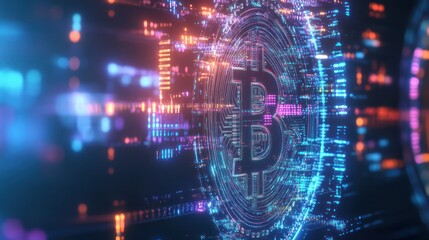 Poster - Glowing Bitcoin network data stream, digital finance, future tech