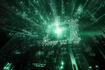 Poster - Intricate digital circuit board illuminated by vibrant green light rays showcasing advanced technology