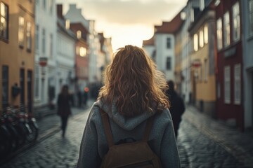 Sticker - Woman Walking Down Cobblestone Street