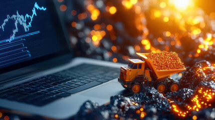 Poster - miniature dump truck loaded with orange minerals sits next to laptop displaying mining data, symbolizing fusion of technology and mining