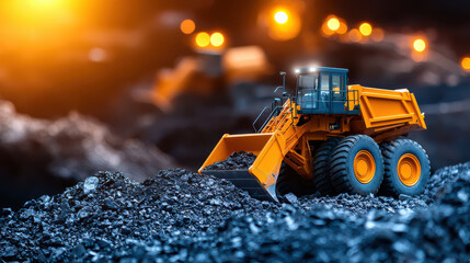 Poster - futuristic mining site featuring autonomous machine, showcasing advanced technology and efficiency in operation. scene is illuminated with warm lights, creating dynamic atmosphere