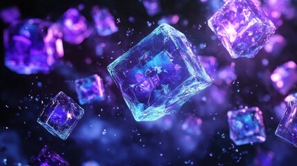Poster - Glowing ice cubes falling dark background, abstract art