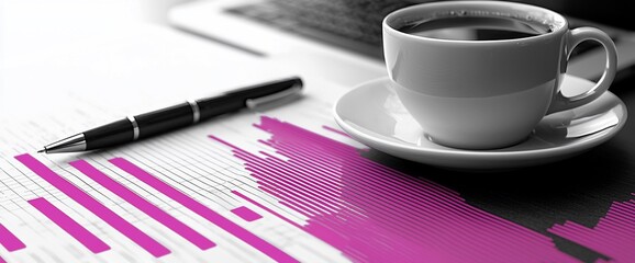 Poster - Financial report analysis with coffee and pen.