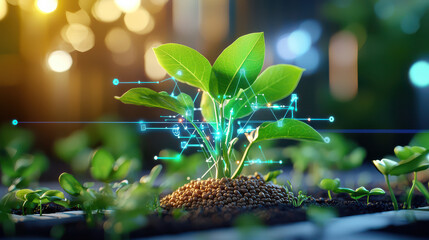 Poster - futuristic scene of soy farming with technology, showcasing young plant surrounded by digital elements and glowing data. image conveys innovation in agriculture
