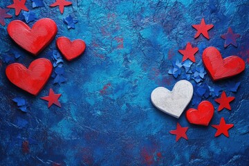 Wall Mural - red and white hearts and stars on blue background
