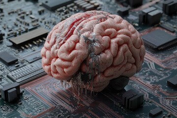 Poster - Digital brain on a circuit board illustrates the fusion of technology and human cognition in modern society
