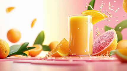 Poster - Freshly squeezed orange juice in glass, surrounded by vibrant oranges and splashes. bright colors create refreshing and lively atmosphere