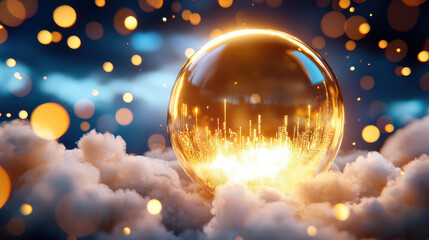 Leinwandbilder - glowing globe surrounded by flowing smoke and digital elements creates mystical atmosphere. warm light contrasts beautifully with soft clouds, evoking sense of wonder and intrigue