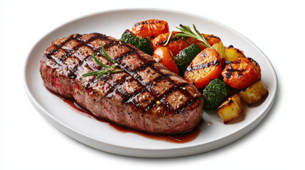 Poster - gourmet steak cooked to perfection with crispy sear, served alongside grilled vegetables including tomatoes, broccoli, and onions, creating delicious and visually appealing meal