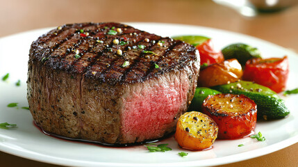 Poster - gourmet steak cooked to perfection with crispy sear, served alongside colorful roasted vegetables, creating delightful and appetizing presentation