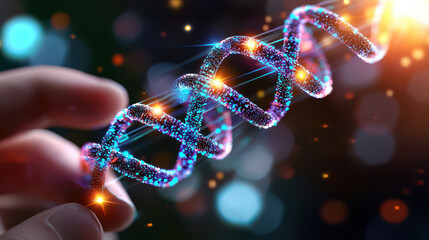 Aufkleber - hand holding glowing DNA strand with vibrant colors and sparkles, symbolizing advanced biotechnology and genetic research