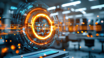 Fototapete - High tech digital interface in modern laboratory showcasing advanced technology and data visualization. vibrant orange and blue colors create futuristic atmosphere