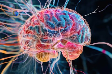 Poster - Colorful depiction of a human brain with neural pathways illustrating connectivity and activity patterns
