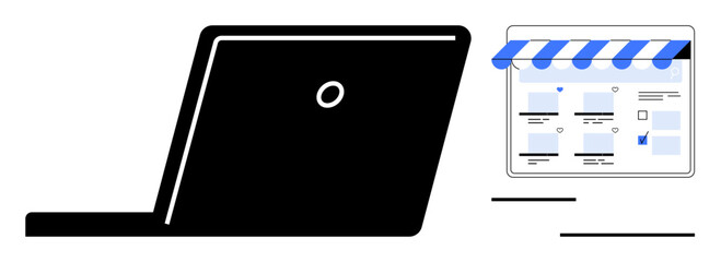 Laptop adjacent to an online storefront with a striped awning, displaying product and website layout. Ideal for e-commerce, online business, digital marketing, shopping, website design