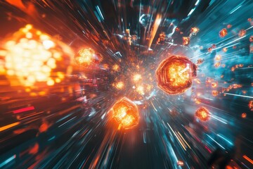 Poster - Colorful particles traveling at high speed through a dynamic space environment filled with glowing elements