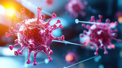 Poster - high tech laboratory analyzing viruses with advanced technology, showcasing detailed virus structure in vibrant colors. atmosphere conveys sense of scientific discovery and innovation