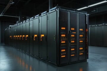 Poster - Data center infrastructure illuminated by orange lights in a modern facility