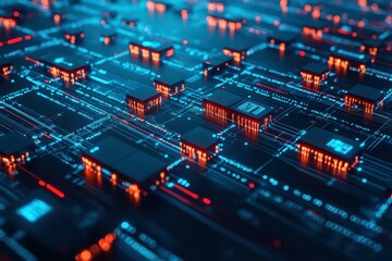Poster - Colorful digital circuit board with glowing components in a modern technology setting