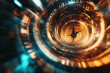 Poster - Dynamic time travel concept with glowing clock elements and swirling patterns set against a dark backdrop