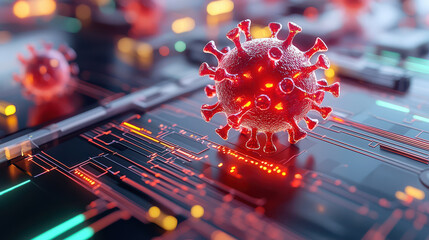 Leinwandbilder - High tech virus analysis workspace featuring digital virus model, circuits, and glowing elements. This captures intersection of technology and health