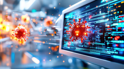 Poster - high tech virus research lab featuring advanced technology and digital displays. scene showcases virus models and data analysis, emphasizing innovation and scientific exploration