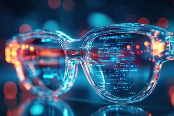 Poster - Futuristic smart glasses displaying data, city bokeh