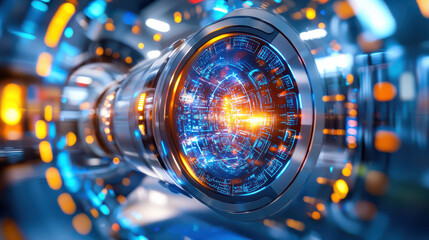 Aufkleber - high tech digital interface showcasing advanced technology and vibrant colors, featuring intricate patterns and glowing elements. This futuristic design represents innovation and modernity