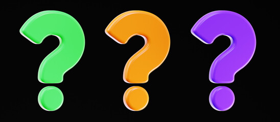 Fototapete - 3D set of green, orange, purple colors question mark isolated on black background. FAQ problem solution symbol or icon. Have a question, question answer sign or problem. Realistic 3D illustration