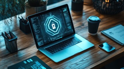 Poster - Secure laptop display, cafe, cyber security, workday