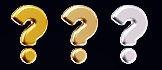 Fototapete - Shiny gold, silver, brass yellow question mark isolated on black background. FAQ problem solution symbol or icon. Have a question, question answer sign or problem. Realistic 3D illustration