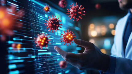 Fototapete - Modern virus detection lab with advanced technology showcasing digital virus models and researcher interacting with data, emphasizing innovation in healthcare