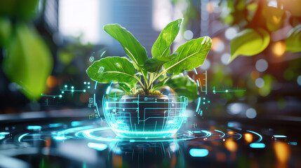 Leinwandbilder - futuristic plant high tech pot, surrounded by digital elements, symbolizes innovation agriculture and technology. vibrant green leaves contrast with glowing holographic interface, creating