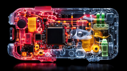 Leinwandbilder - Close up view of high tech device showcasing intricate internal components, illuminated in vibrant colors. detailed design highlights advanced technology within