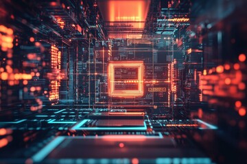 Poster - Exploring a futuristic digital landscape with vibrant lights and intricate circuitry