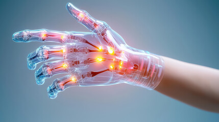 Poster - futuristic robotic hand with glowing joints and intricate details, showcasing advanced technology and design. image evokes sense of innovation and possibility