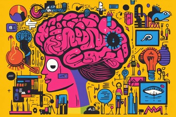 Poster - Vibrant illustration of a brain surrounded by symbols of creativity and technology in a colorful, imaginative composition