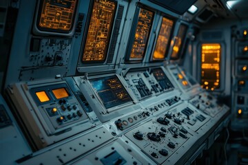 Poster - Control room with illuminated screens and complex machinery at night in a futuristic setting