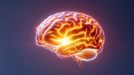 Poster - glowing human brain with visible neural pathways, representing advanced technology and neuroscience. vibrant colors evoke sense of innovation and discovery