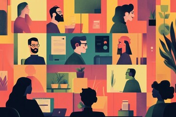 Poster - Diverse team video conferencing, office, collaboration, background plants