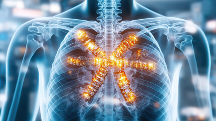 Poster - X ray scan of human chest showing technological implants with glowing elements. This illustrates integration of advanced technology within human body, highlighting innovation in medical science
