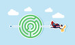 © B Design - Super businessman flies through a maze holding a key, illustration of overcoming pressure with business solutions